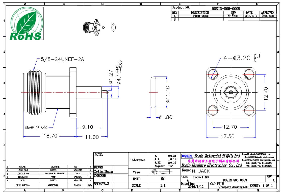 N Type Connector Panel Mount Gold Plated Straight Jack Dosin Electronics