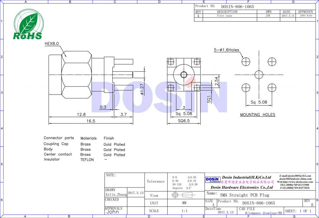SMA Connector PCB Straight Plug Though Hole Type Dosin Electronics