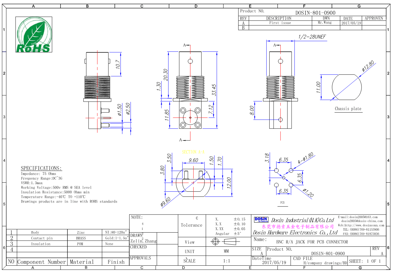 BNC Straight PCB Jack Bulkhead Female Connector