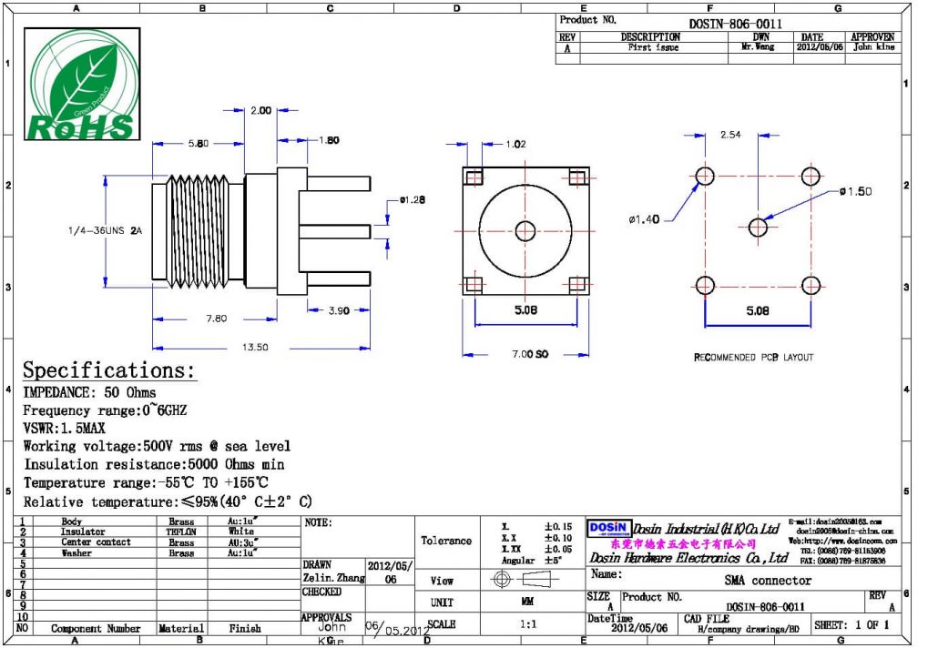 SMA Connector for PCB Receptacle Bulkhead Straight Jack Dosin Electronics