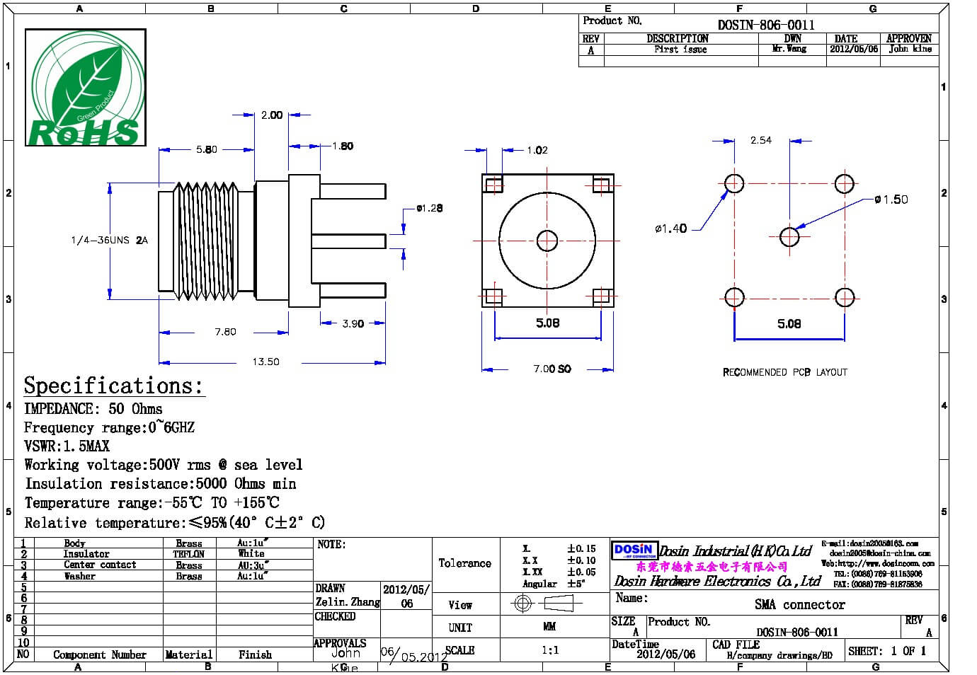 SMA Connector for PCB Receptacle Bulkhead Straight Jack - Dosin Electronics