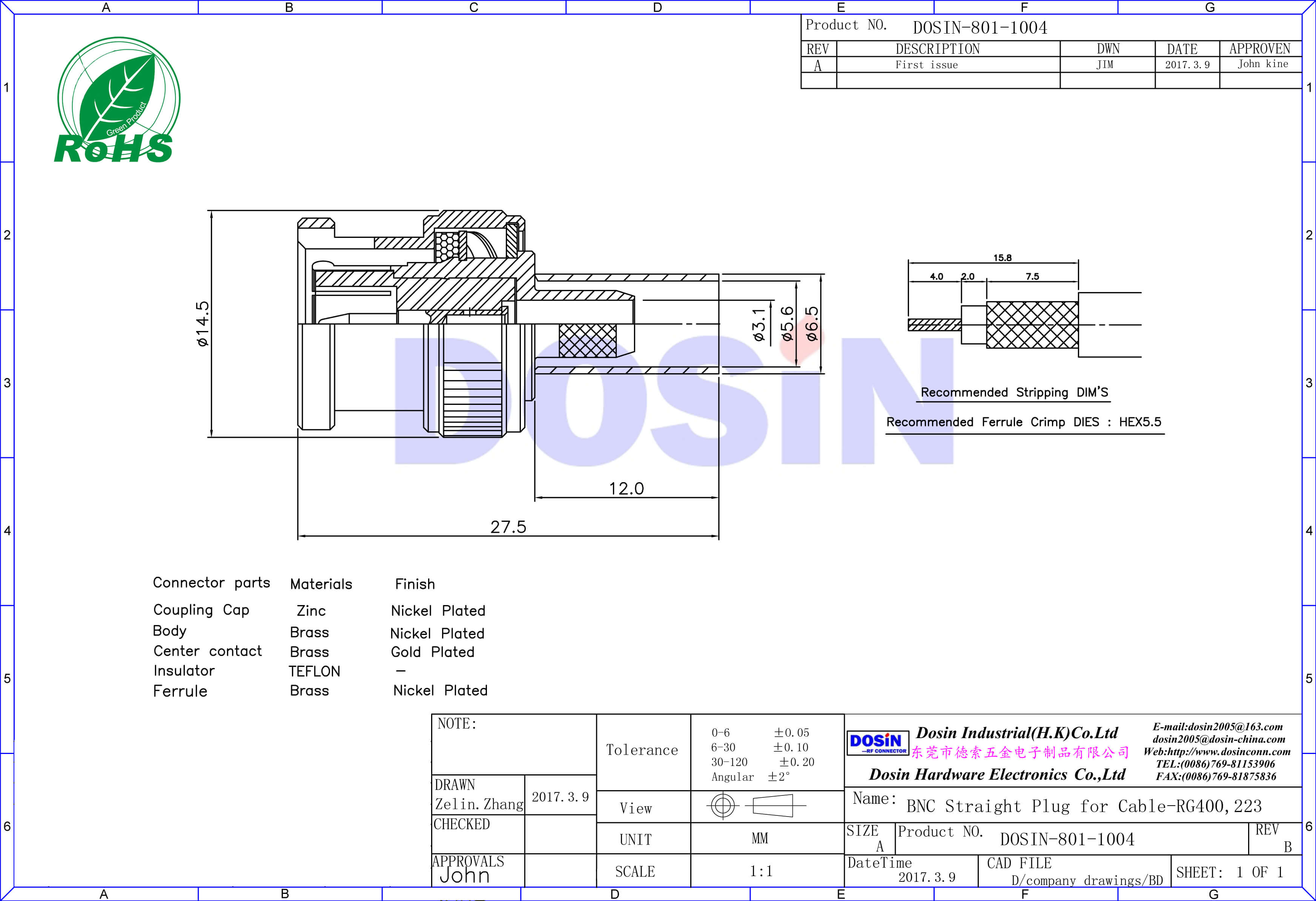 bnc connector solder type plug straight for cable rg223